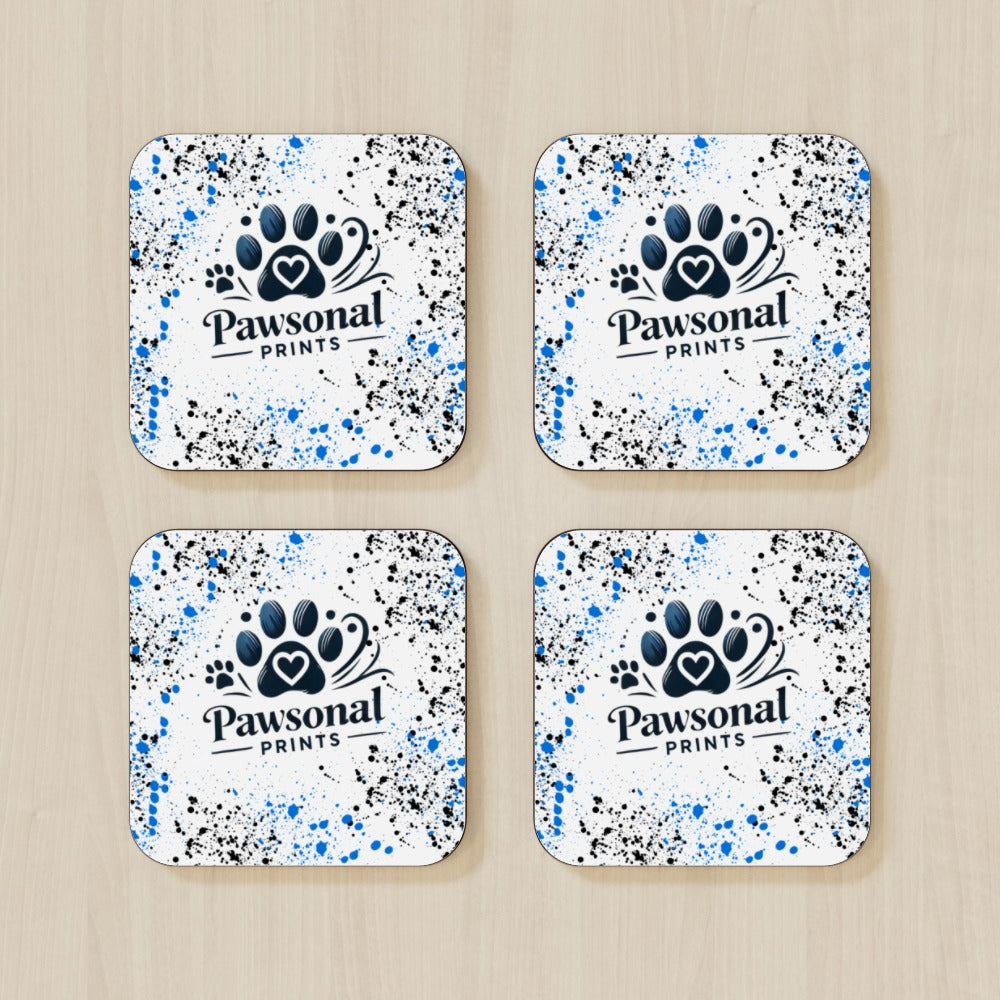Set of four square personalised coasters with vivid pet photo prints and glossy finish on a wooden table