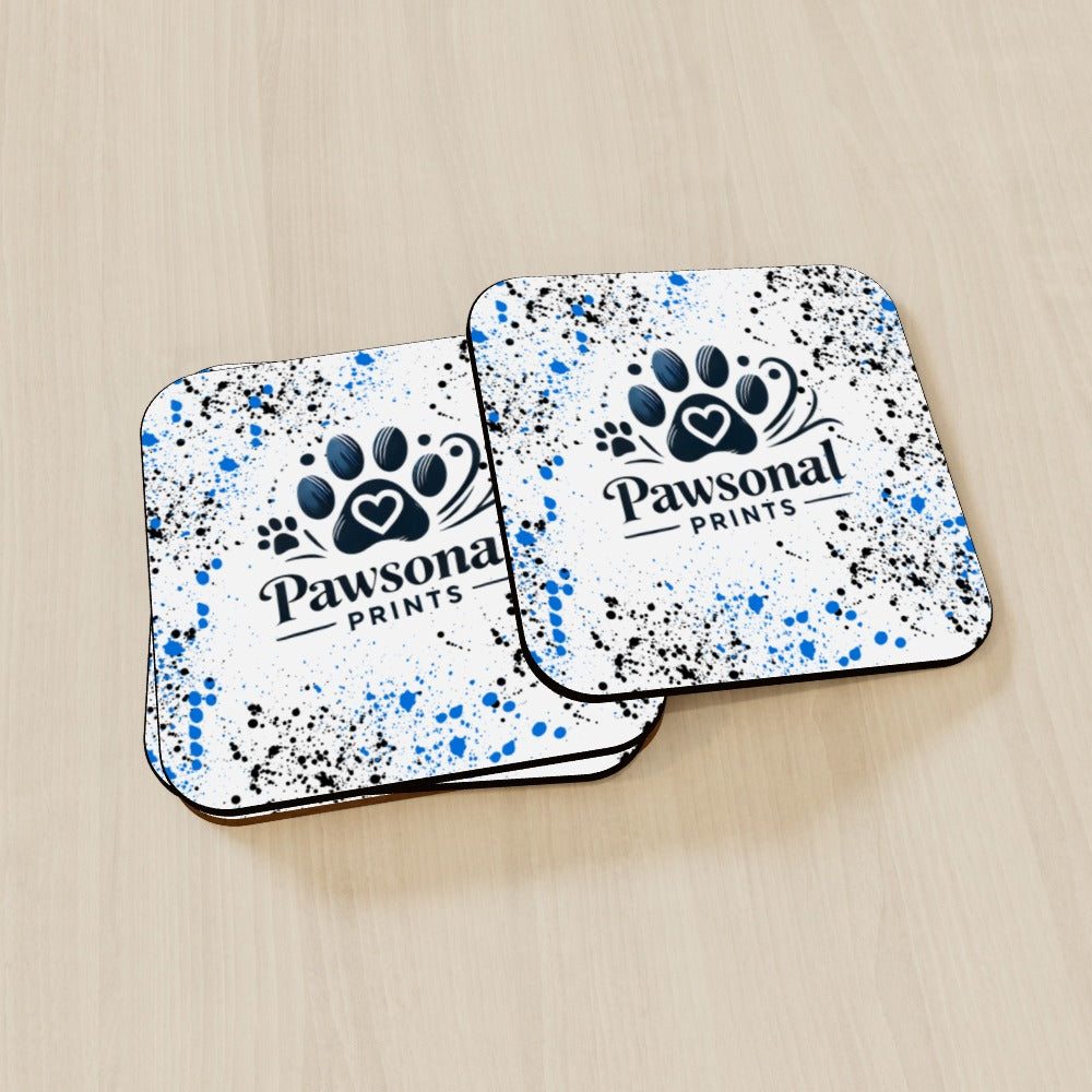 Set of four square personalised coasters with vivid pet photo prints and glossy finish on a wooden table