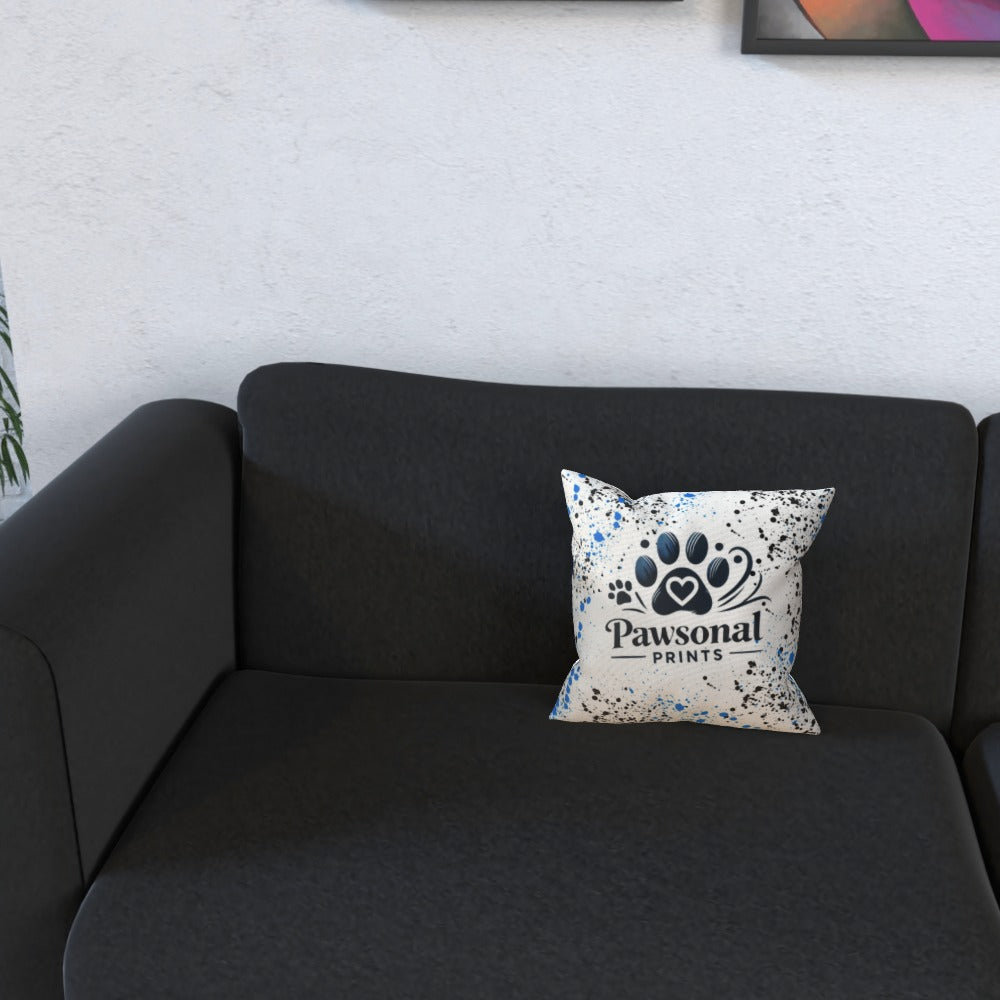Personalised Pet Photo Cushion – Faux Suede or Linen close up on sofa with custom logo