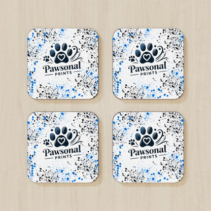 Set of four square personalised coasters with vivid pet photo prints and glossy finish on a wooden table