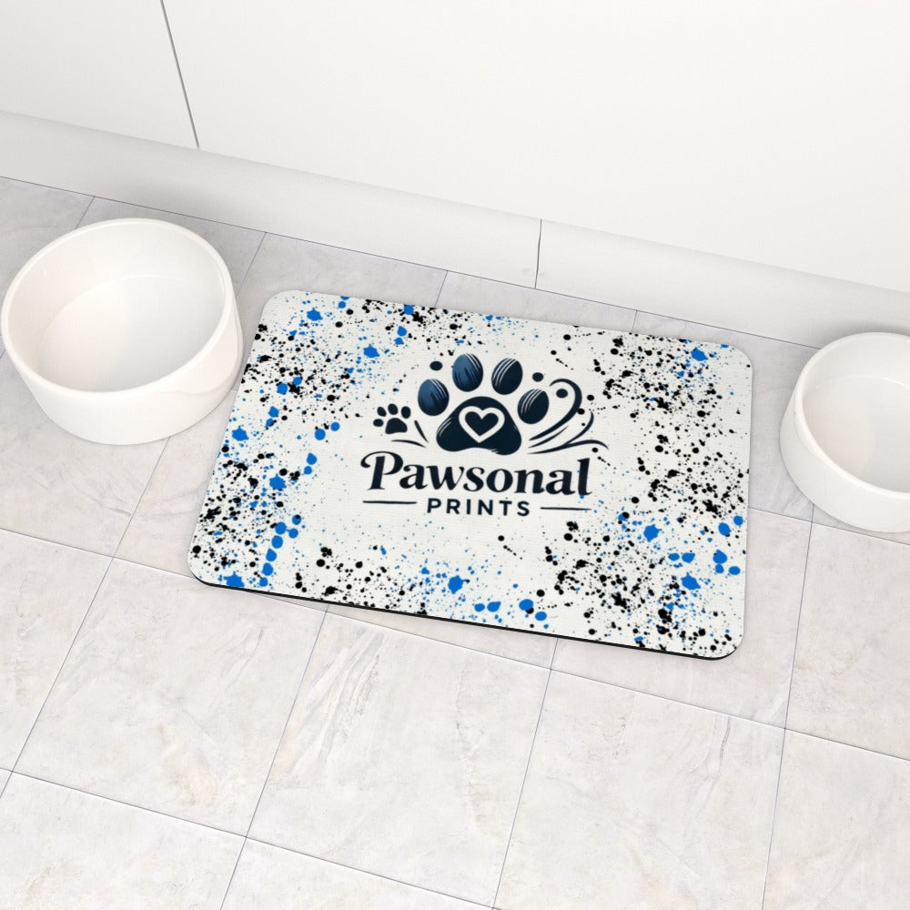 Close-up of personalised pet mat with vibrant print and easy-clean surface