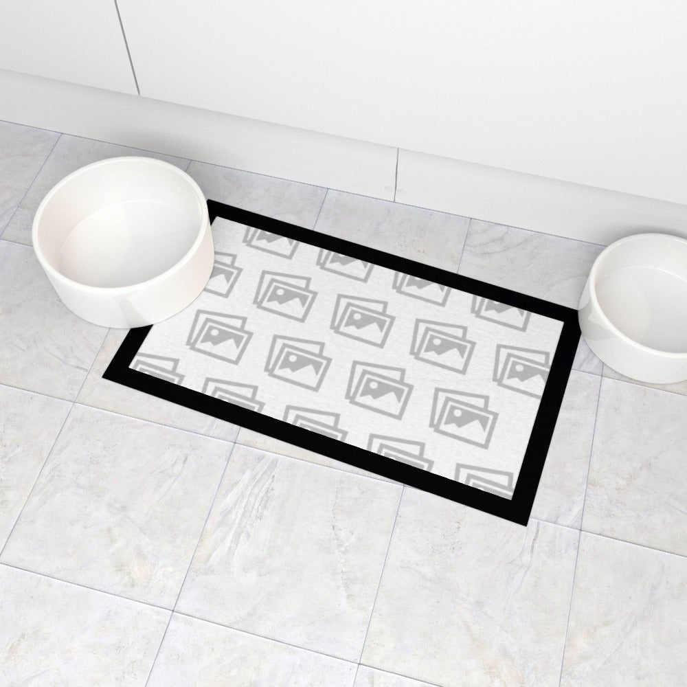 Close-up of personalised pet mat with vibrant print and easy-clean surface with black border
