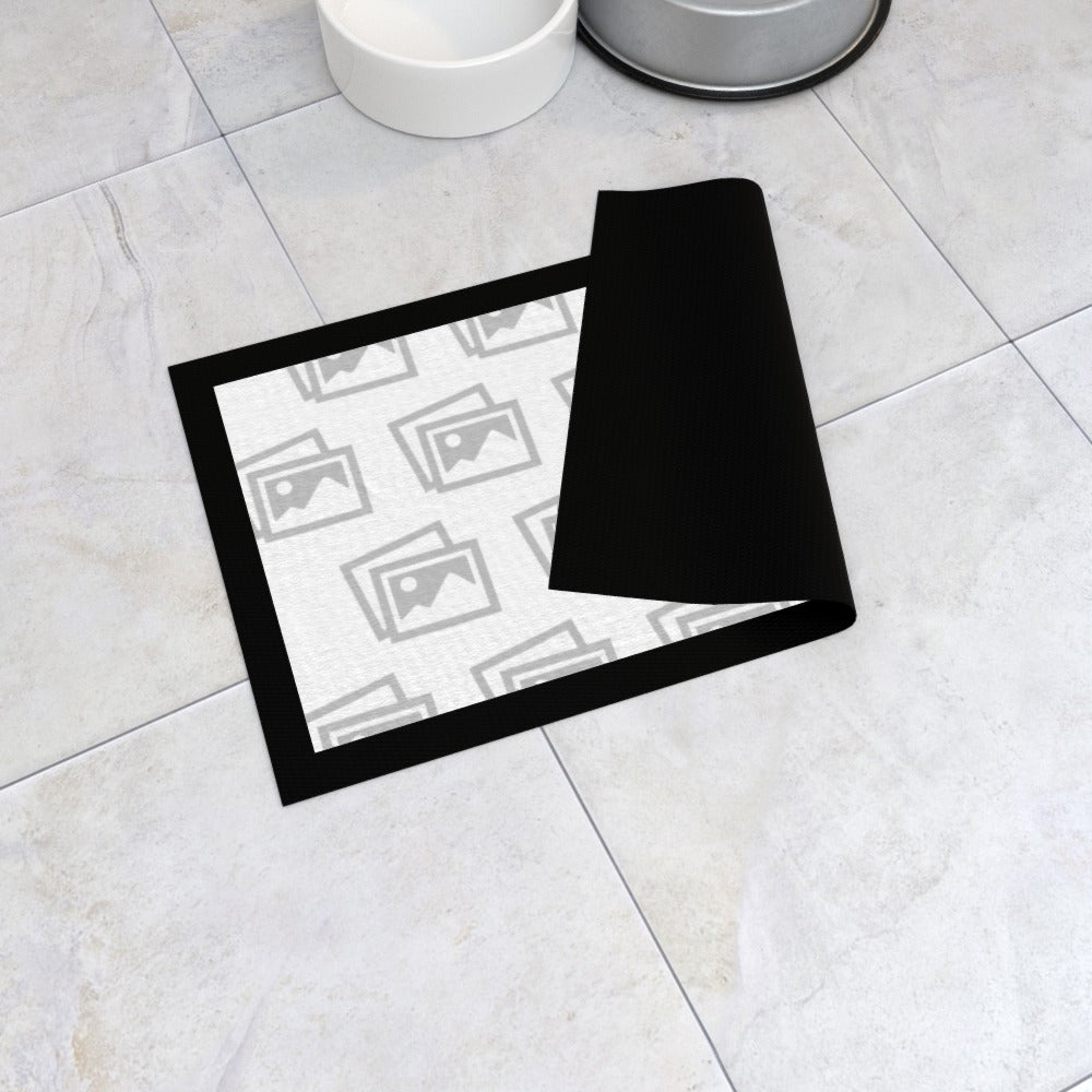 Custom cat feeding mat with photo and non-slip backing on kitchen floor
